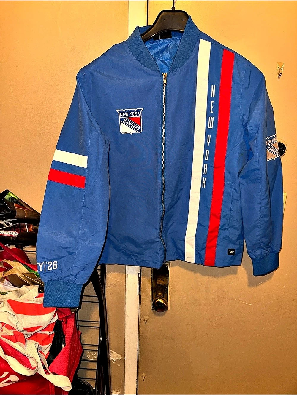 The Wild Collective New York Rangers jacket Color Block Bomber Jacket Blue Size